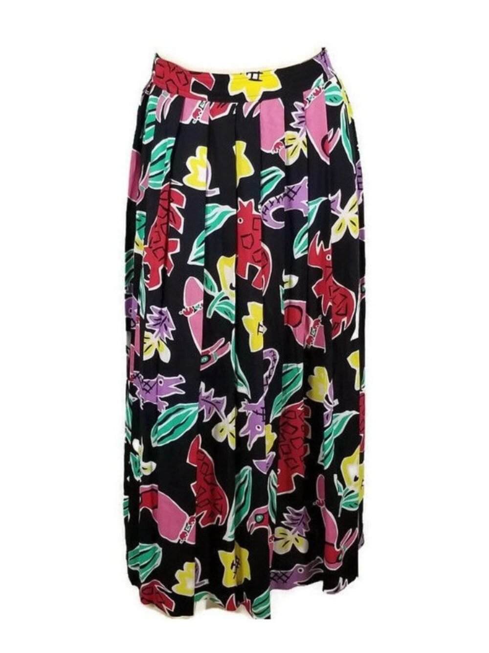 Vintage Segue Womens 8 Black Multicolor Novelty Print Pleated Rayon Midi Skirt U